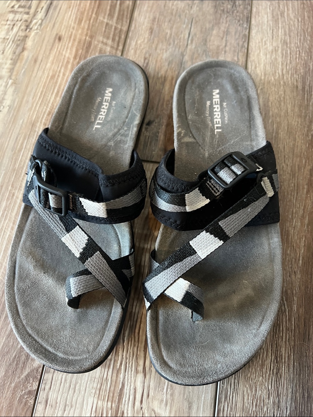 Merrell Black and Gray Cross-Strap Slide Sandals